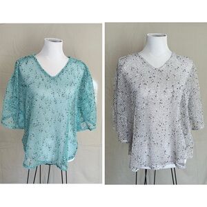 Bundle 2 Lulu-B Light Blue & Light Gray Open-Knit V-Neck Blouses XL lightweight